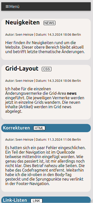 Ansicht der Website mit einem iphone 11 im Hochformat. Der Navigator ist zusammengeklappt (Hamburger) und scrollt mit.